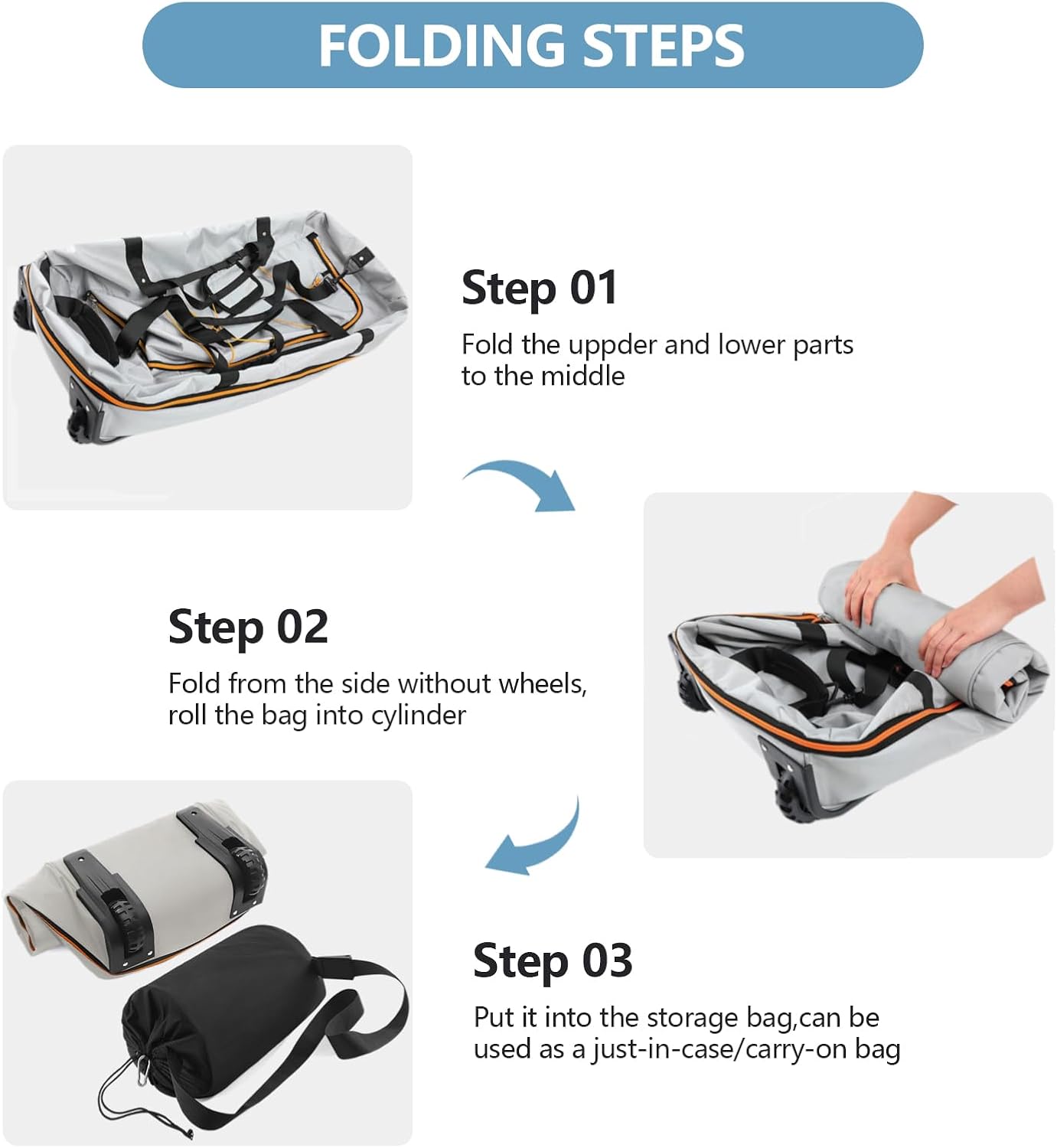 32” 1680D Oxford Foldable Duffle Bag with 2 Wheels,110L to 140L Expandable Soft Sided Rolling Travel Bag,Grey - Image 3