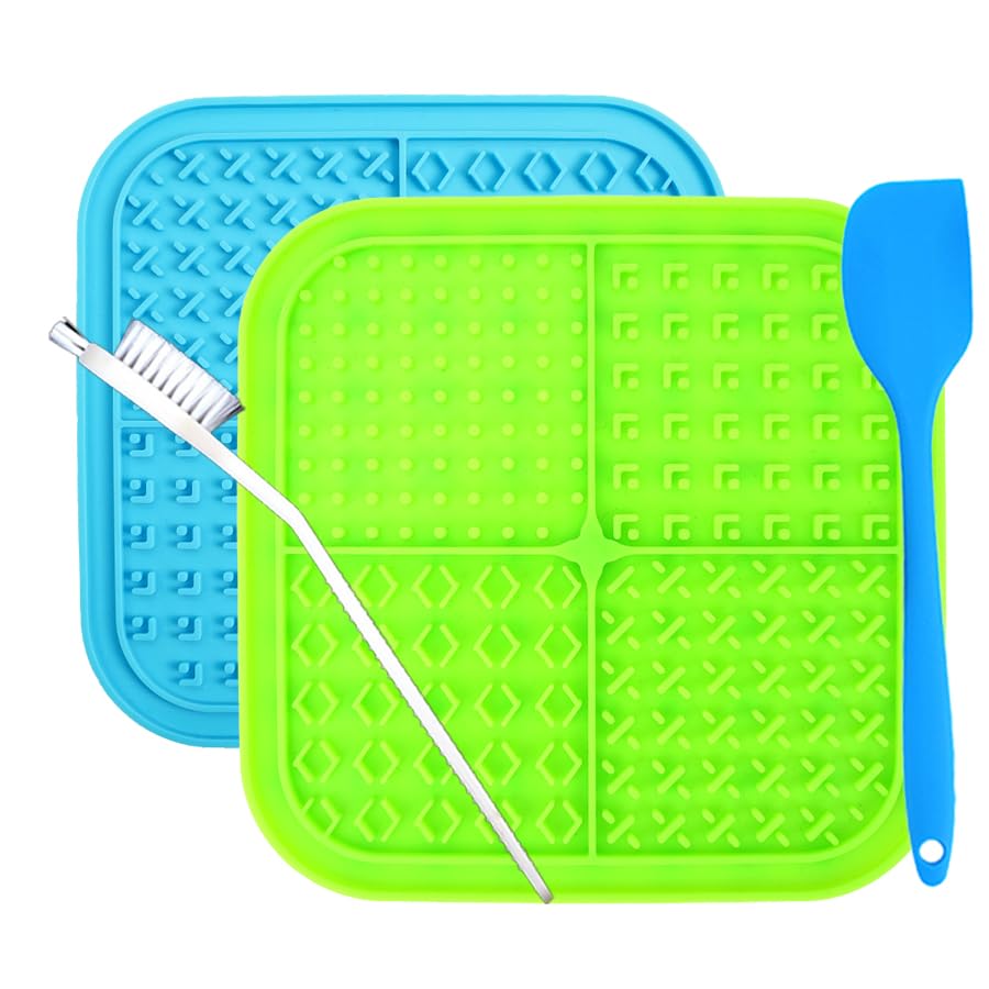 CARESTARZ 2Pcs Licky Mats for Dogs with Silicone Spatula and Brush - Slow Feeding Licking Mat, Anti-slip, Food Grade for Boredom - Anxiety Relief, Ideal for Treats (Green and Blue, 20x20)