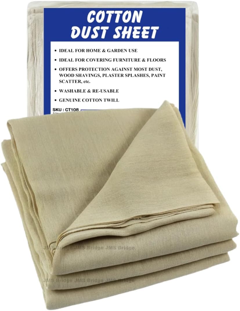 5 x Cotton Dust Sheets for Painting & Decorating – 10ft x 8ft (3.1m x 2.4m) Heavy Duty Cotton Twill Drop Cloth – Washable & Reusable Fabric Cover Sheets for Furniture, Floors & DIY Protection