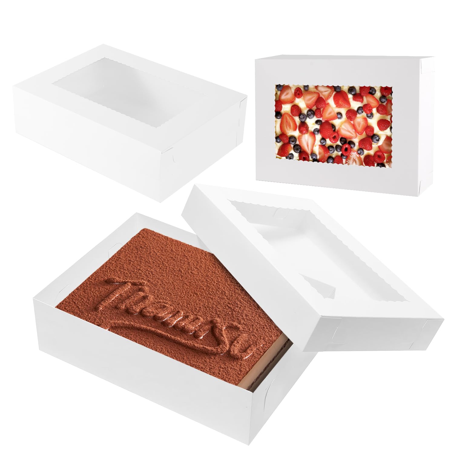 JCD 12 cajas para tartas de 14 x 10 x 4 pulgadas, cajas blancas para panadería, cajas de pastel de cuarto de hoja con ventana, cajas rectangulares grandes para pasteles, pasteles, pasteles, donas,