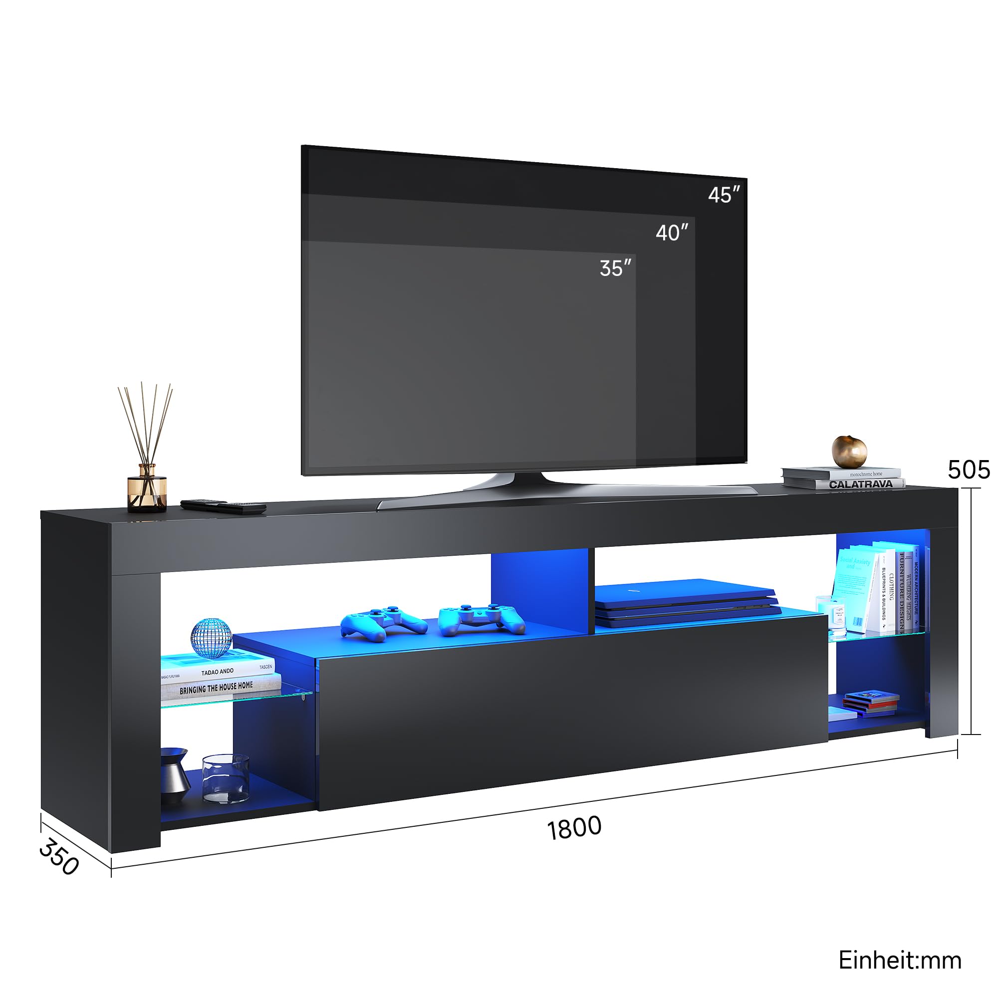 LED TV Lowboard Schwarz, TV Schrank 180cm mit 16 Led Farben Beleuchtung TV Board mit Glasböden Hochglanz 180 x 35 x 50,5 cm