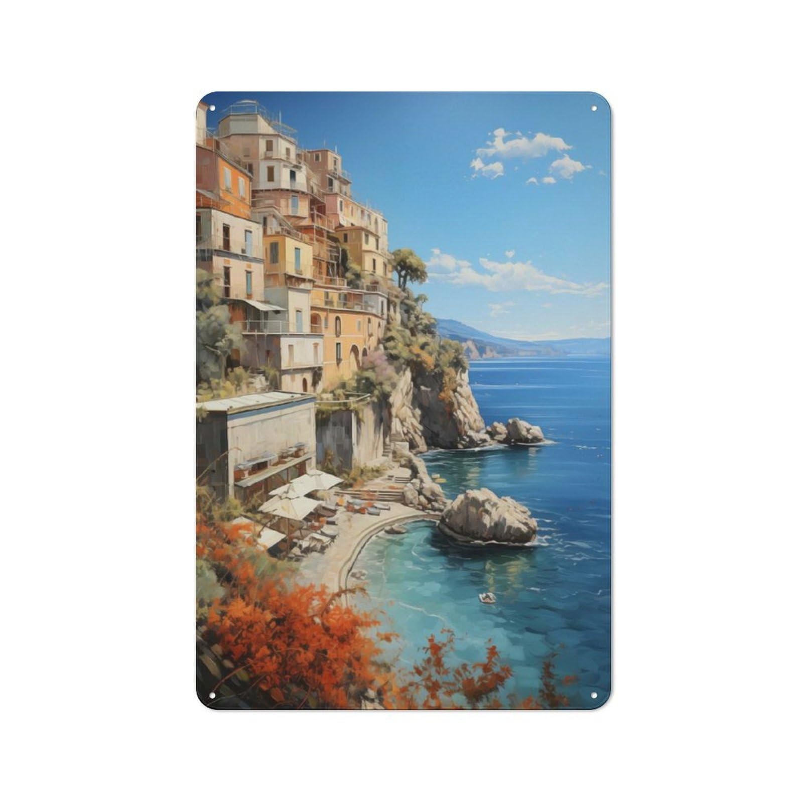 Junmoney Amalfi Coast Vista Tin Wall Plaque 30X20cm With For Pub Or Café, With Clear Vintage Wall Decor Character