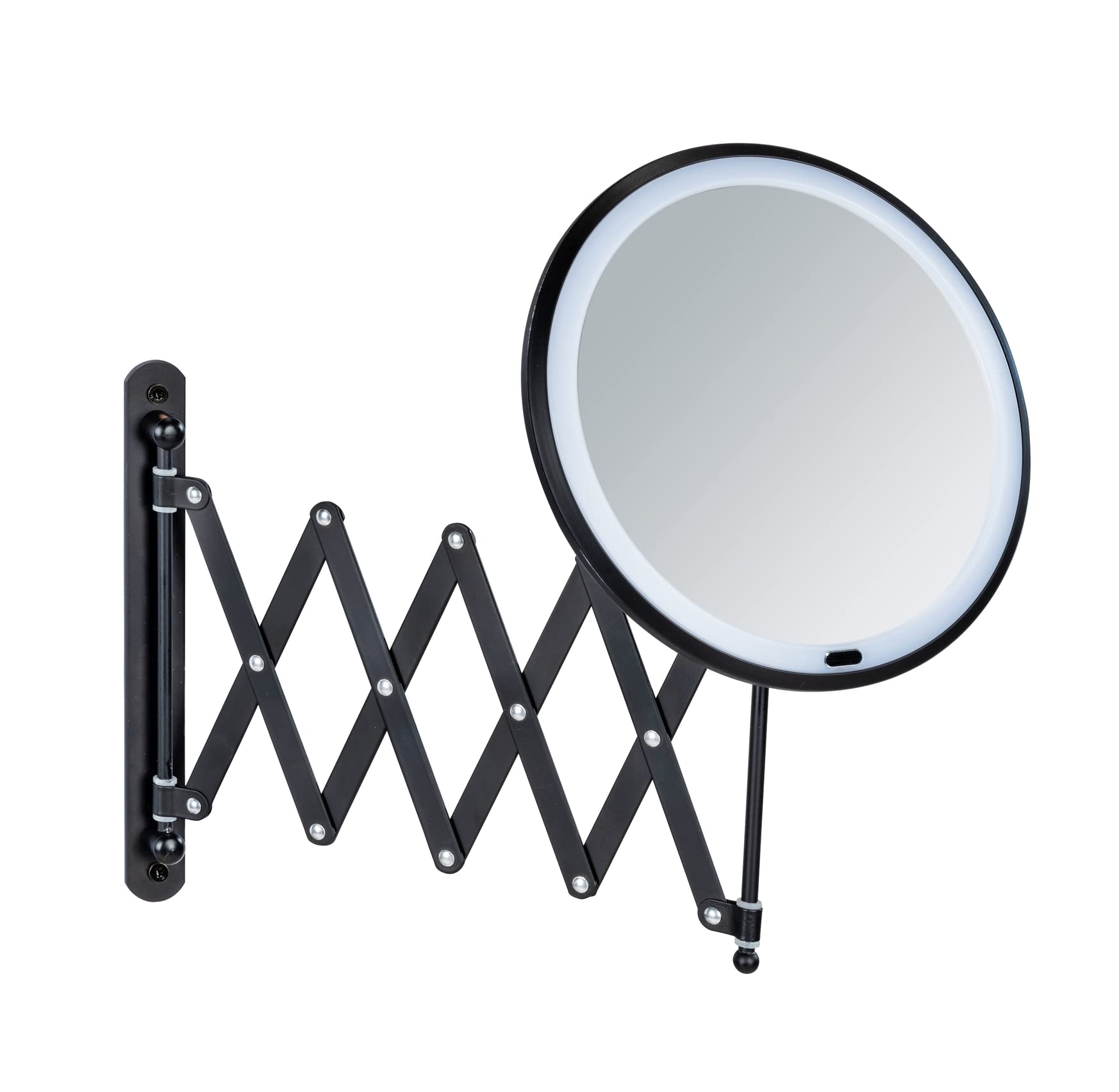 WENKO Espejo cosmético de pared telescópico con LED Barona, espejo cosmético con iluminación LED y 5 aumentos, interruptor de encendido/apagado táctil, funcionamiento con pilas o cable USB, negro