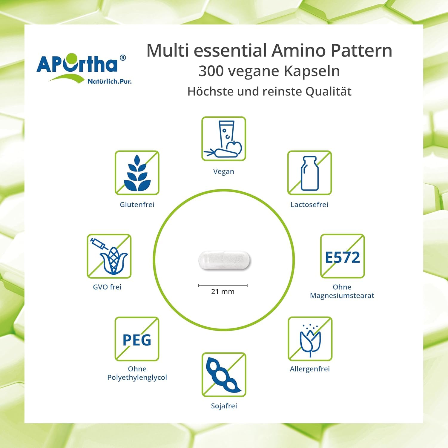 APOrtha® Multi Essential Amino Pattern – 300 Kapseln mit 8 essentiellen Aminosäuren nach Prof. Dr. Lucà-Moretti, ausgewogenes Aminosäuren-Profil, EAA Kapseln, vegan, ohne Zusätze