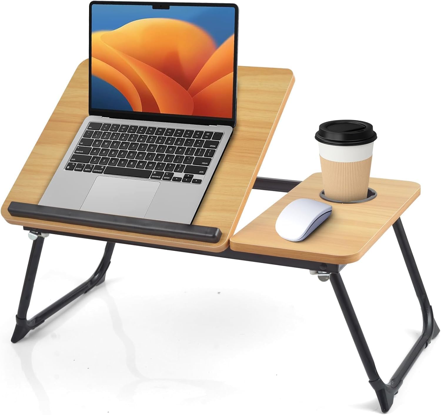 FISYOD Foldable Laptop Desk for Bed Couch, Adjustable Split Lap Desk with Cup Holder, Portable Lightweight Bed Table Tray, Heavy-Duty Laptop Stand for Working, Writing, Reading and Eating - White