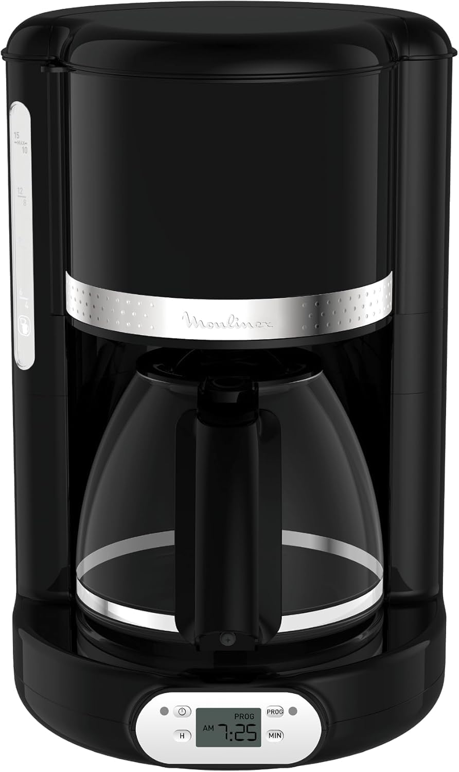 Moulinex Soleil – Cafetera filtro, capacidad de 1,25 L, hasta 15 tazas, control nivel del agua, temporizador programable, función mantener caliente, jarra cristal, color negro, FG380B