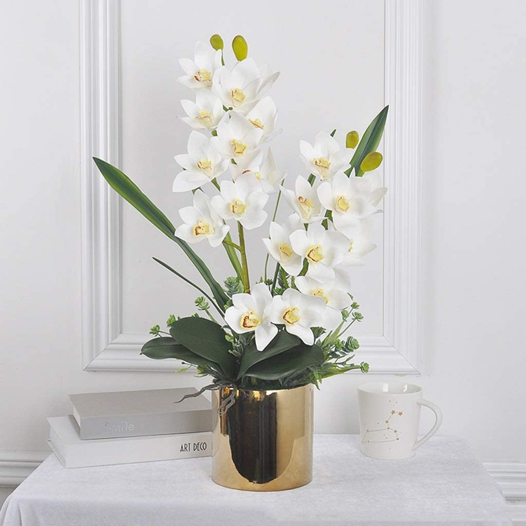 MYUYEE Artificial Flowers Faux Orchids Classic Artificial Orchid Faux Porcelain Vase Artificial Flowers Botanical Arrangement For Home Wedding Decor Lifelike