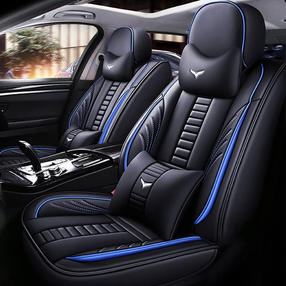 Luxury 2 Seats Car Seat Covers Protectors for Mitsubishi Outlander Sport 2011-2025, Back Storage Bag Design & Headrest Pillow & Lumbar Support Black & Blue Line