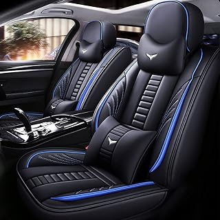 Full Set of Universal Fit Automotive Seat Covers fit for Ford Fusion Energi 2013-2020, PU Leather Automobile Interior Sets with Headrest & Back Pillow Black & Blue Line