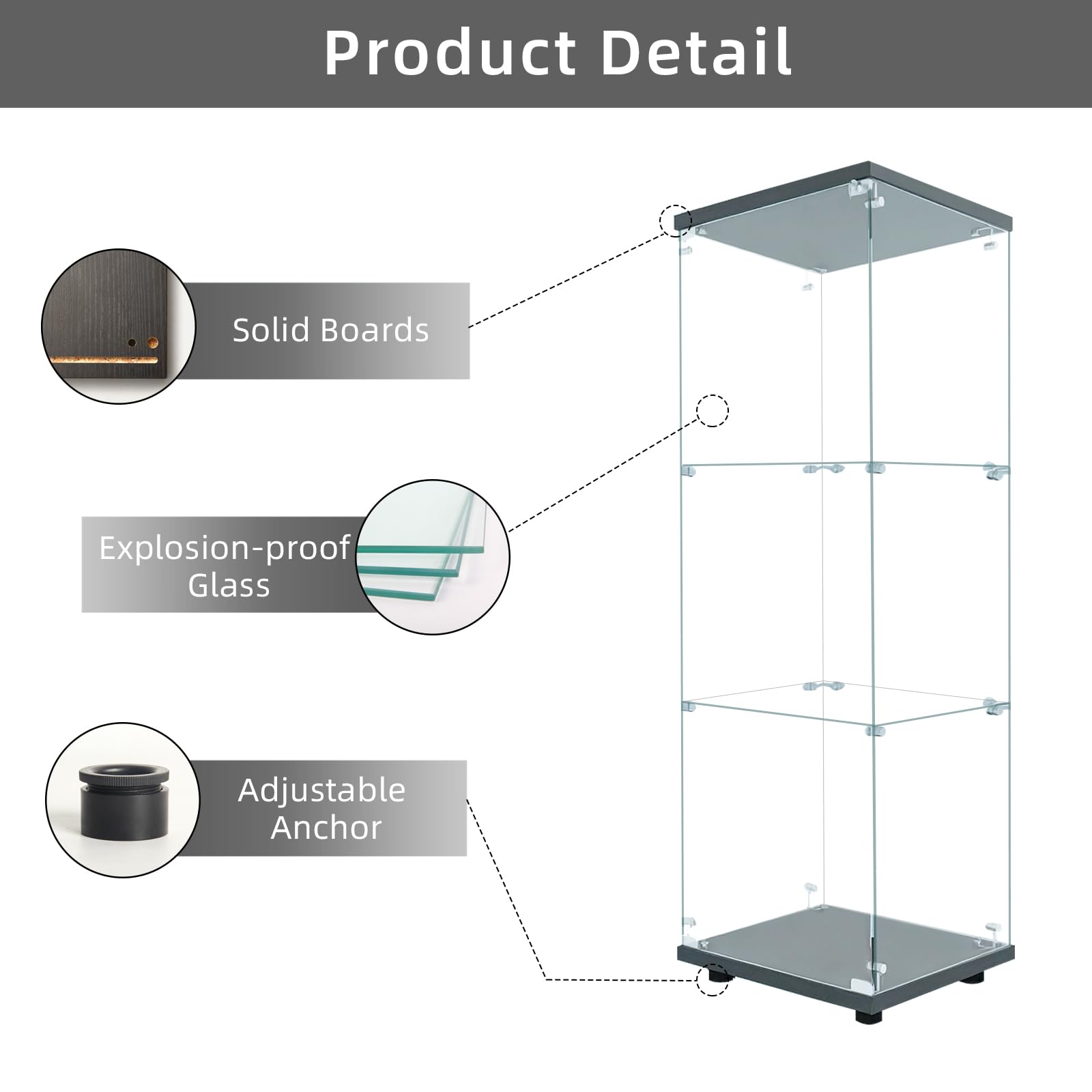 LFT HUIMEI2Y Glass Display Cabinet 3-Shelf with Door and Lock, Curio Cabinets Upgraded Quick-Install Style Tempered Glass Floor Standing Bookshelf for Bedroom, Living Room 49”x 17”x 14” Black