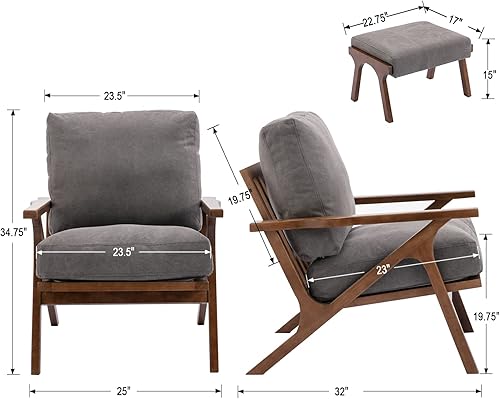 Miniatura 2 de Silla de mediados de siglo, sillón tapizado de piel sintética con marco de madera y cojines de lona, silla de ocio para sala de estar, dormitorio,