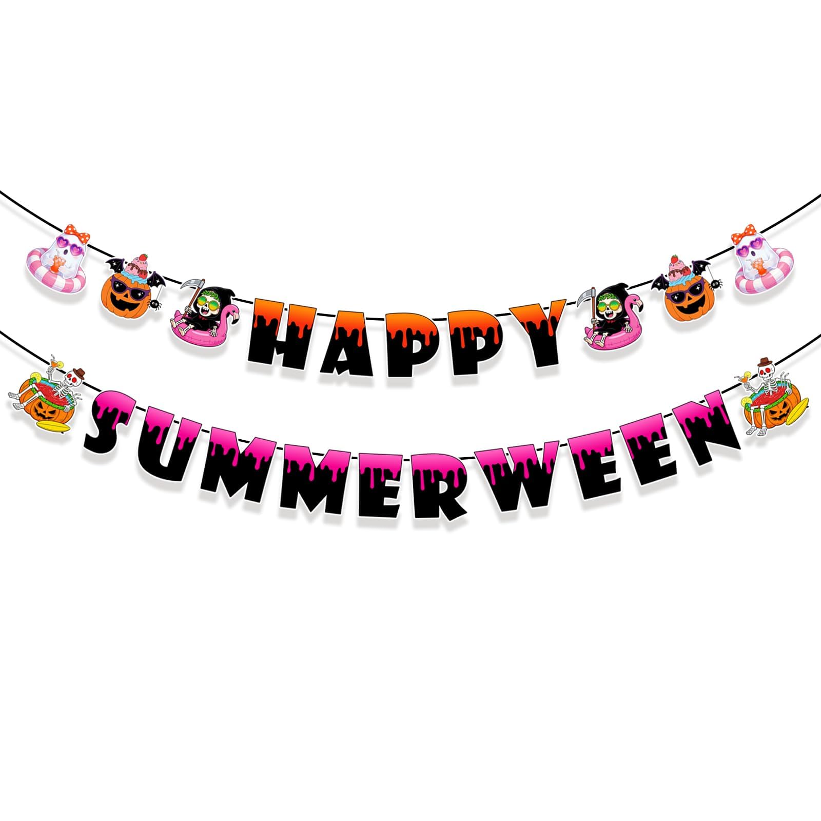 Happy Summerween Banner, Summerween Decor Party Decorations Halloween Summer Banner Spooky Birthday Decorations Glitter Pumpkin Ghost Sign for Pool Party Bachelorette Wedding Supplies
