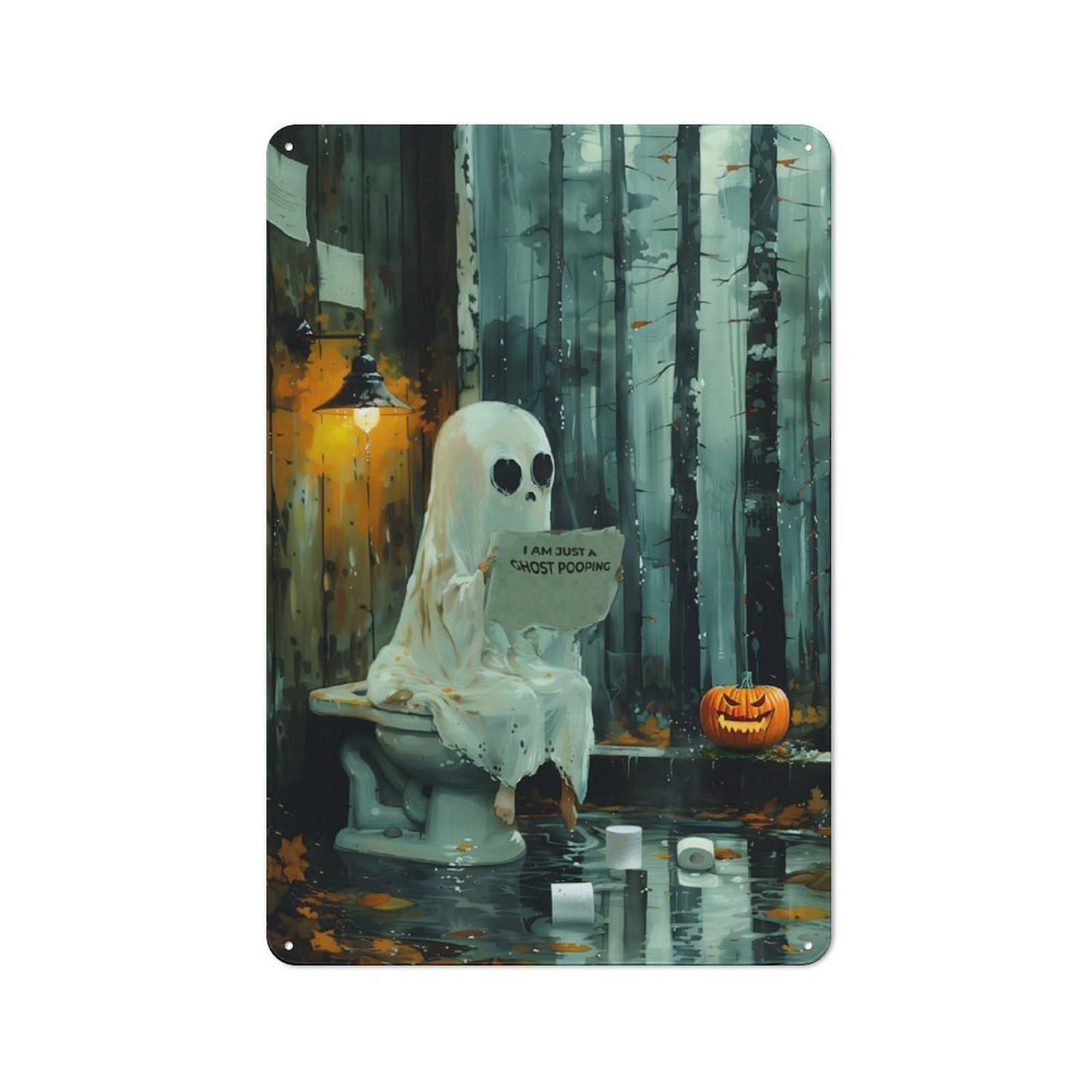 Junmoney Just A Ghost Pooping Metal Sign 30X20cm With For Workshop Wall, Rustic Decor, For Garage, Workshop And Man Cave Decoration