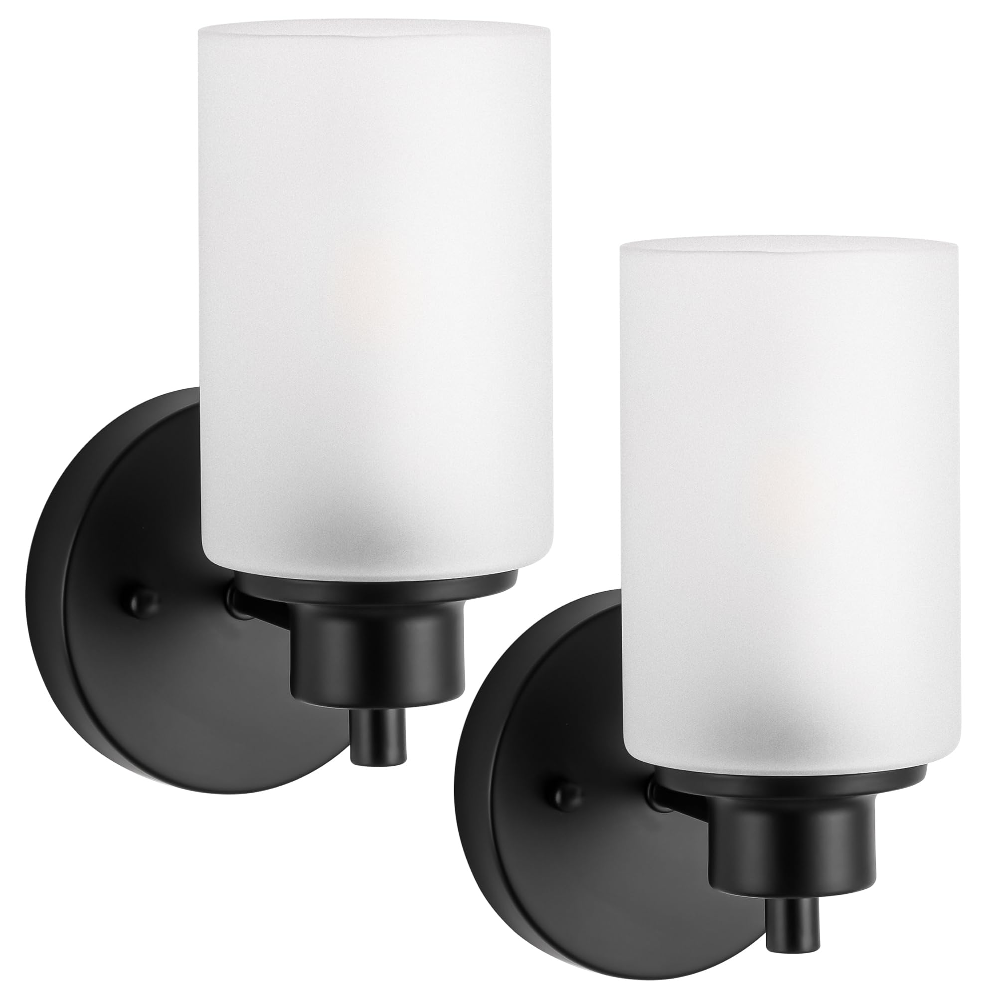 Paquete de 2 apliques de pared estilo granja, lámparas de tocador de baño negras para interiores con pantalla de vidrio esmerilado blanco, iluminación moderna para montar en la pared, lámpara base E26