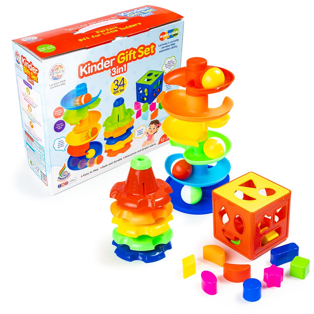 Ratnas 3 in 1 Kinder Gift Set Containing Stack-N-Spin, Rainbow Spinning Tower & Shape Sorter Cube Montessori Toys Preschool Learning for Infants & Toddlers (B0CGXJGDVG) Amazon Price History, Amazon Price Tracker