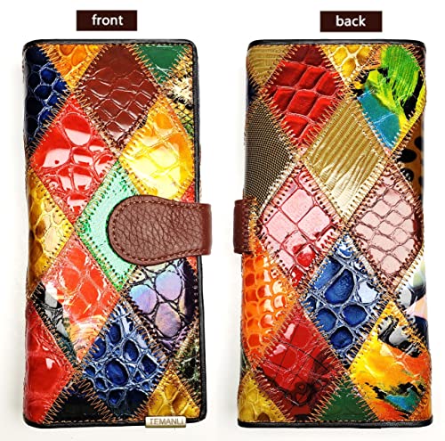 Aslana Women's Genuine Leather Wallet Patent Leather Retro Vintage Patchwork Embossed Flower Floral Wristlet Clutch Bag (Long, Long, Trifold Patent Leather Diamond) #TOP1