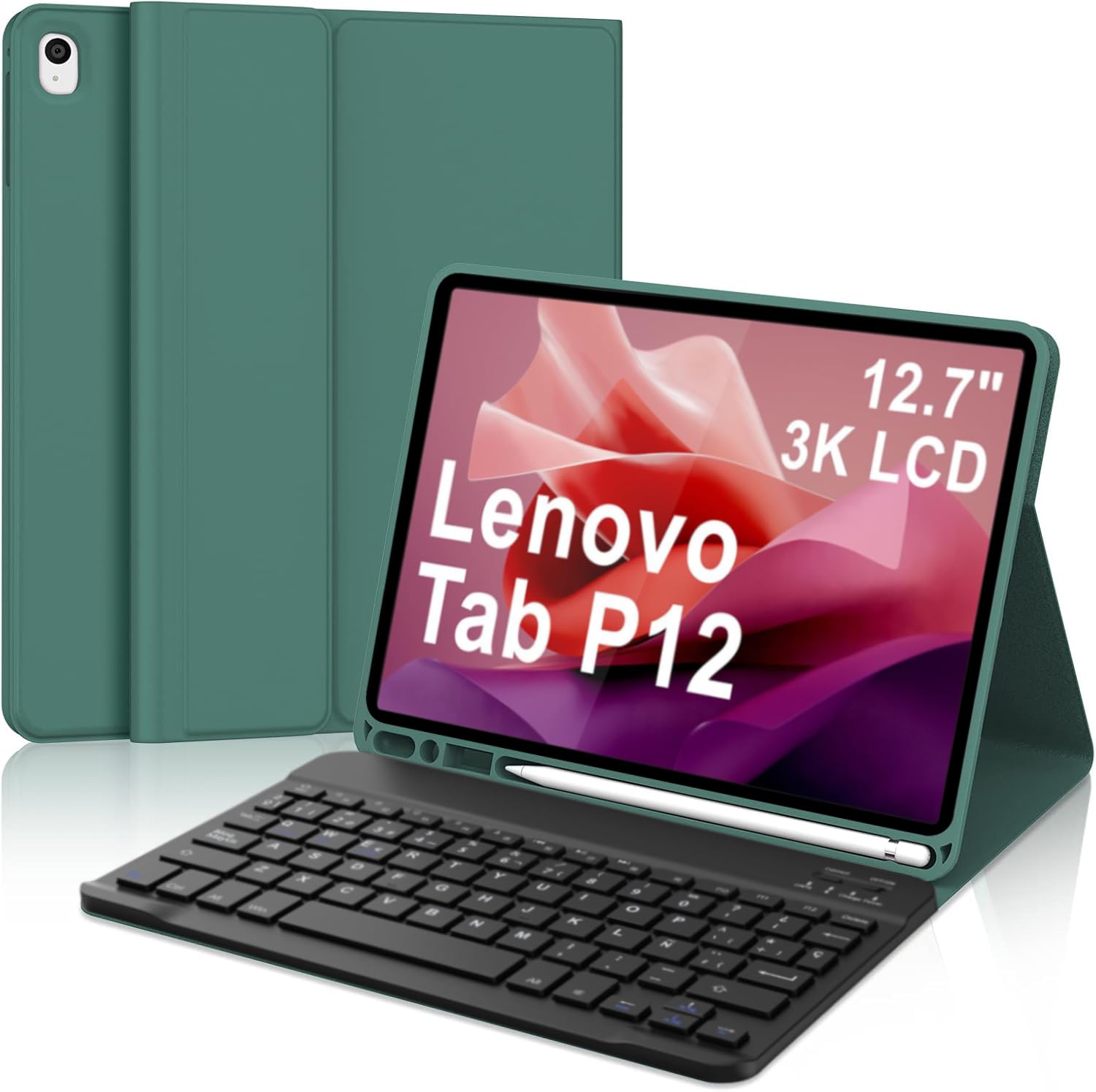 WINCHKING Funda con Teclado para Lenovo Tab P12 2023 12.7 Pulgada, Desmontable Teclado para Tablet Lenovo Tab P12 12.7", Inalámbrico Bluetooth Magnético Keyboard, QWERTY Español Ñ, Verde Oscuro