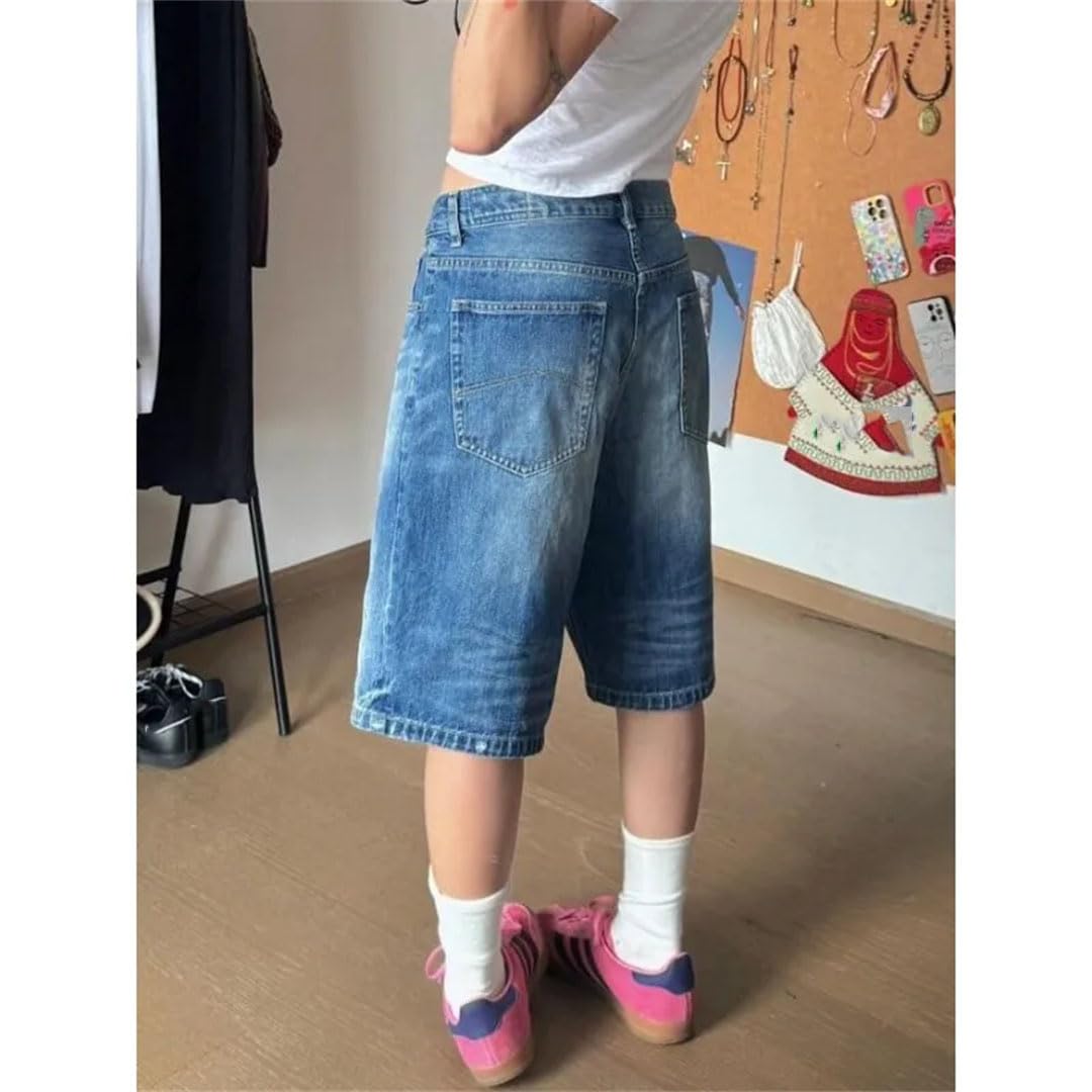 Damskie dżinsy Harajuku Vintage luźne sprane szorty szerokie nogawki punk workowate spodenki dżinsowe, NIEBIESKI, XL