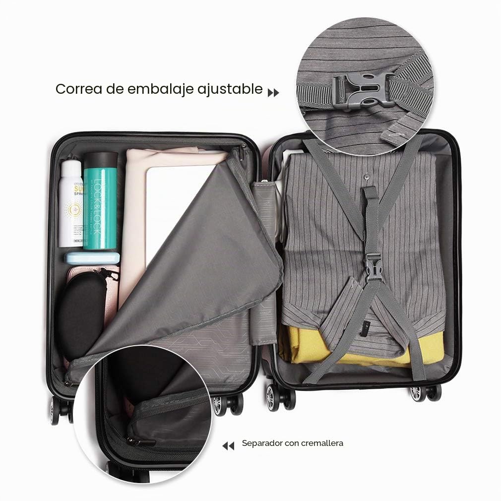 Kono Juego Maletas de Viaje Rígida ABS 3 Piezas Trolley Maleta Equipaje de Mano con 4 Ruedas y Cerradura de Combinación TSA 52/65/75cm (Cabina/Mediana/Grande, Negro)