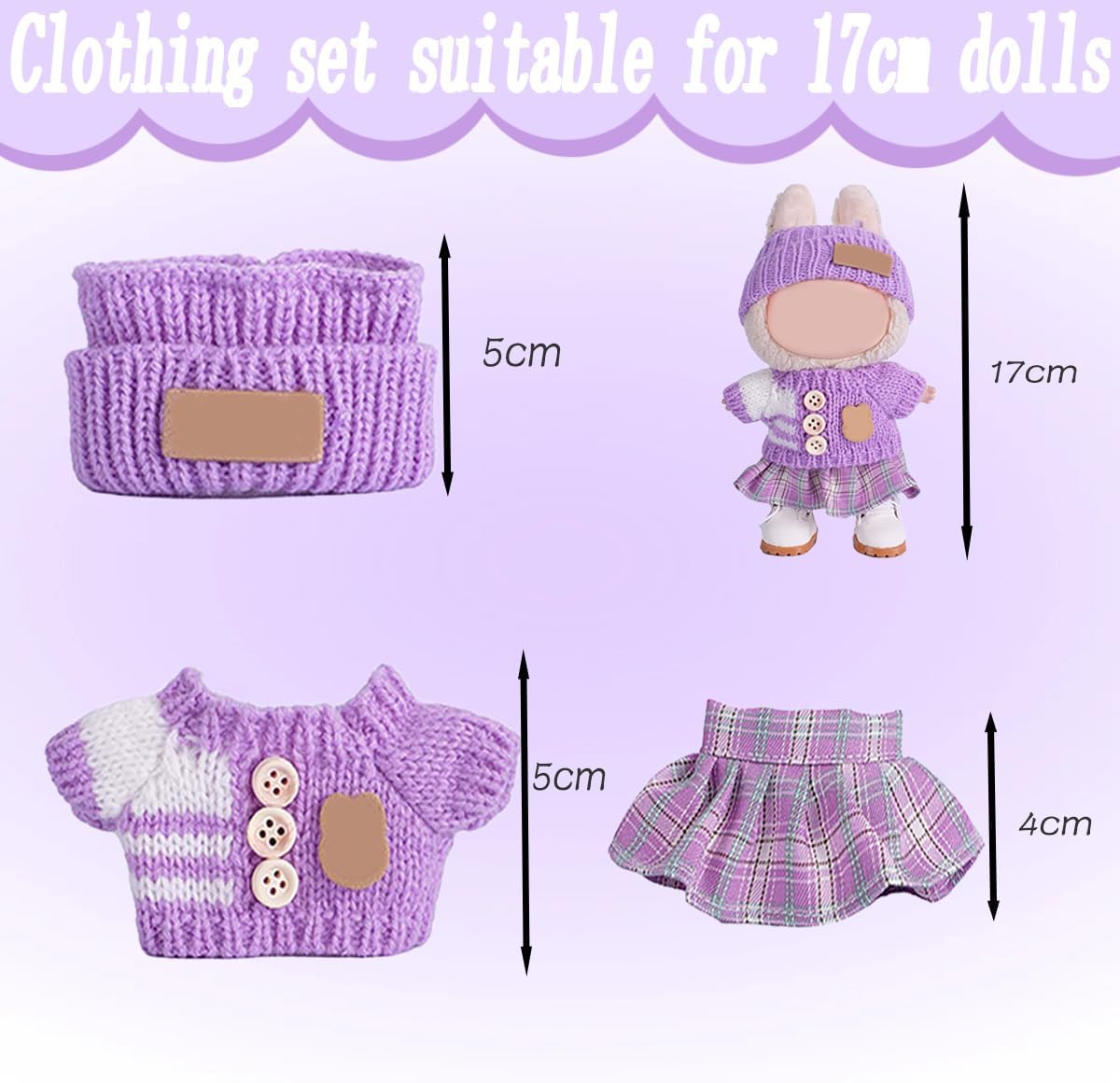 for Luxury 17cm Doll Clothes – 3-Piece Set （No Doll）, Valentine's Day Outfit for 6.7 Inch Doll ,Clothes for Fashion Designer Collection Hat + Sweater + Skirt (Purple)