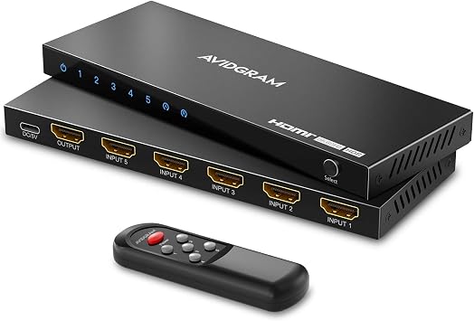 HDMI 2.1 Switch 8K 60Hz ، AVIDGRAM HDMI Switcher 5 in 1 Out مع IR Remote ، 5 Port 4K 120Hz Auto HDMI Selector Hub Support 8K 48Gbps ، متوافق مع Xbox Series X ، PS4 Pro, PS5 ، تلفزيون UHD ، شاشة   