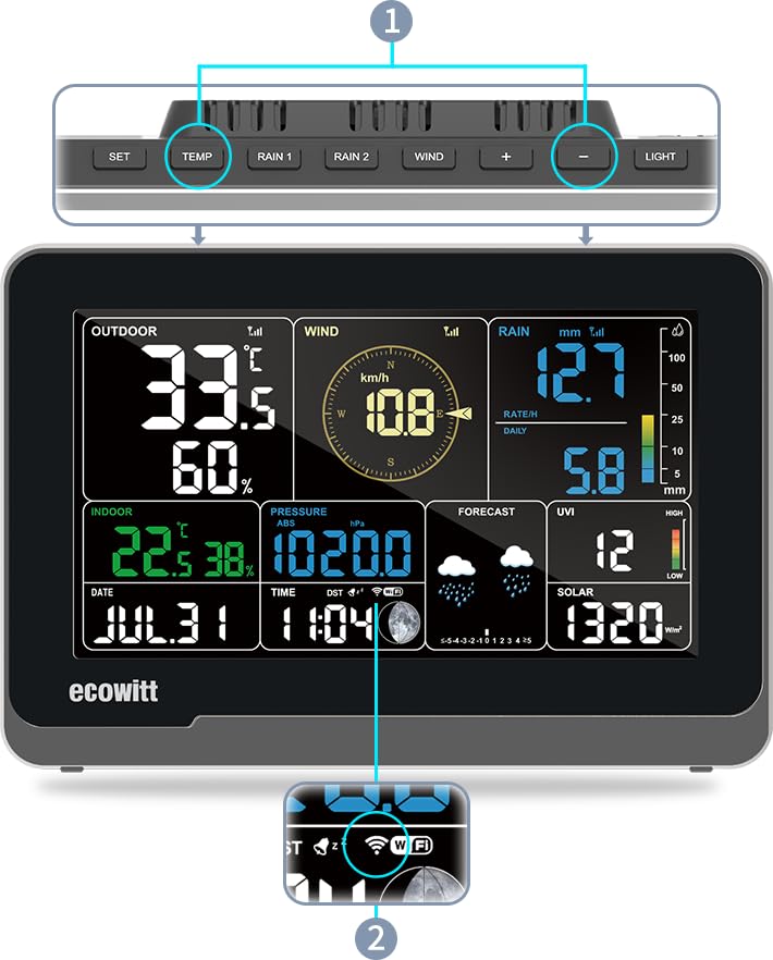 ECOWITT WS3900 Weather Station Console Buttons and Wi-Fi Indicator