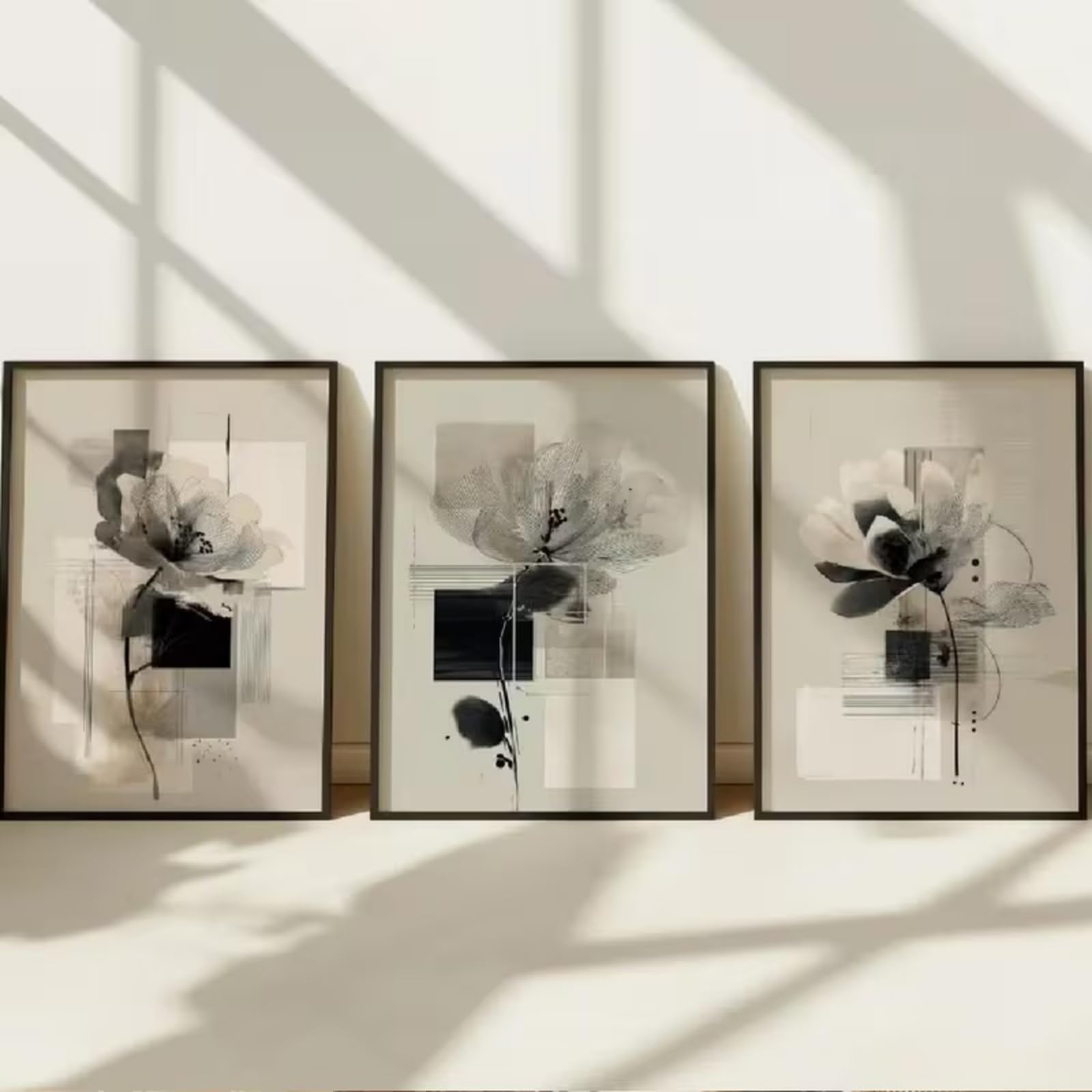 TROYSINC Juego de 3 lienzos de alta calidad, abstractos, modernos pósteres de flores, color beige y gris, murales en estilo Japandi y Scandi para salón o dormitorio, sin marco (C, 50 x 70 cm)