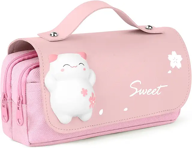 Trousse Kawaii Imperméable avec Jouet Anti-Stress - Grande Capacité Rose