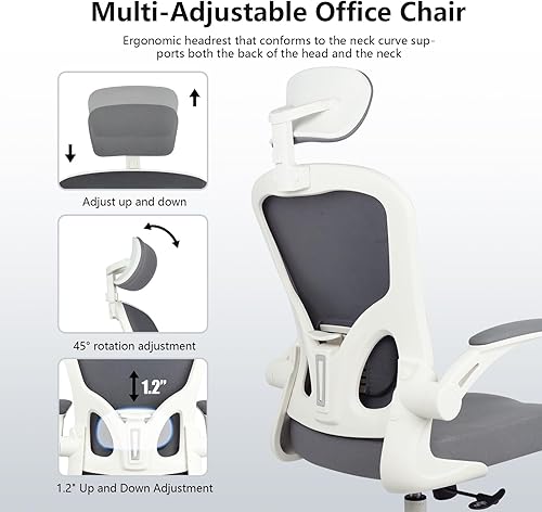 Miniatura 5 de Silla de oficina ergonómica, sillas de escritorio de oficina en casa con soporte lumbar, reposacabezas 3D y brazos abatibles, silla trasera de malla