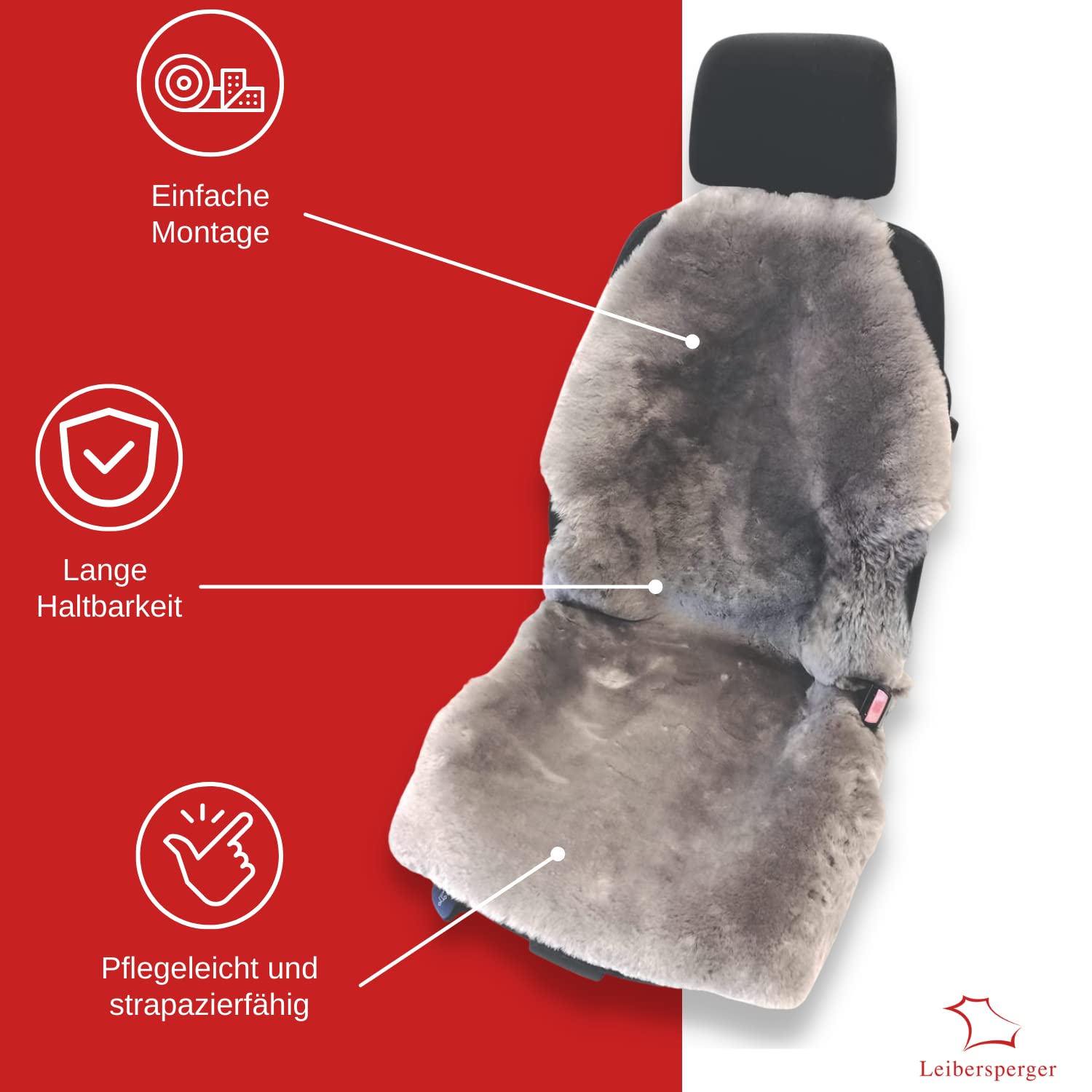 Autositzauflage kurzwollig Ledersitz aus bestem Merino Lammfell – Einfache Montage – Geeignet für Sommer und Winter – Universelle Passform – Made in Germany (Grau)