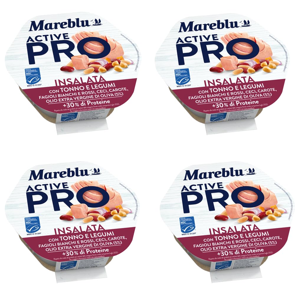 Mareblu ActivePRO Insalata di Tonno e Legumi, 30% di Proteine, Confezione da 4