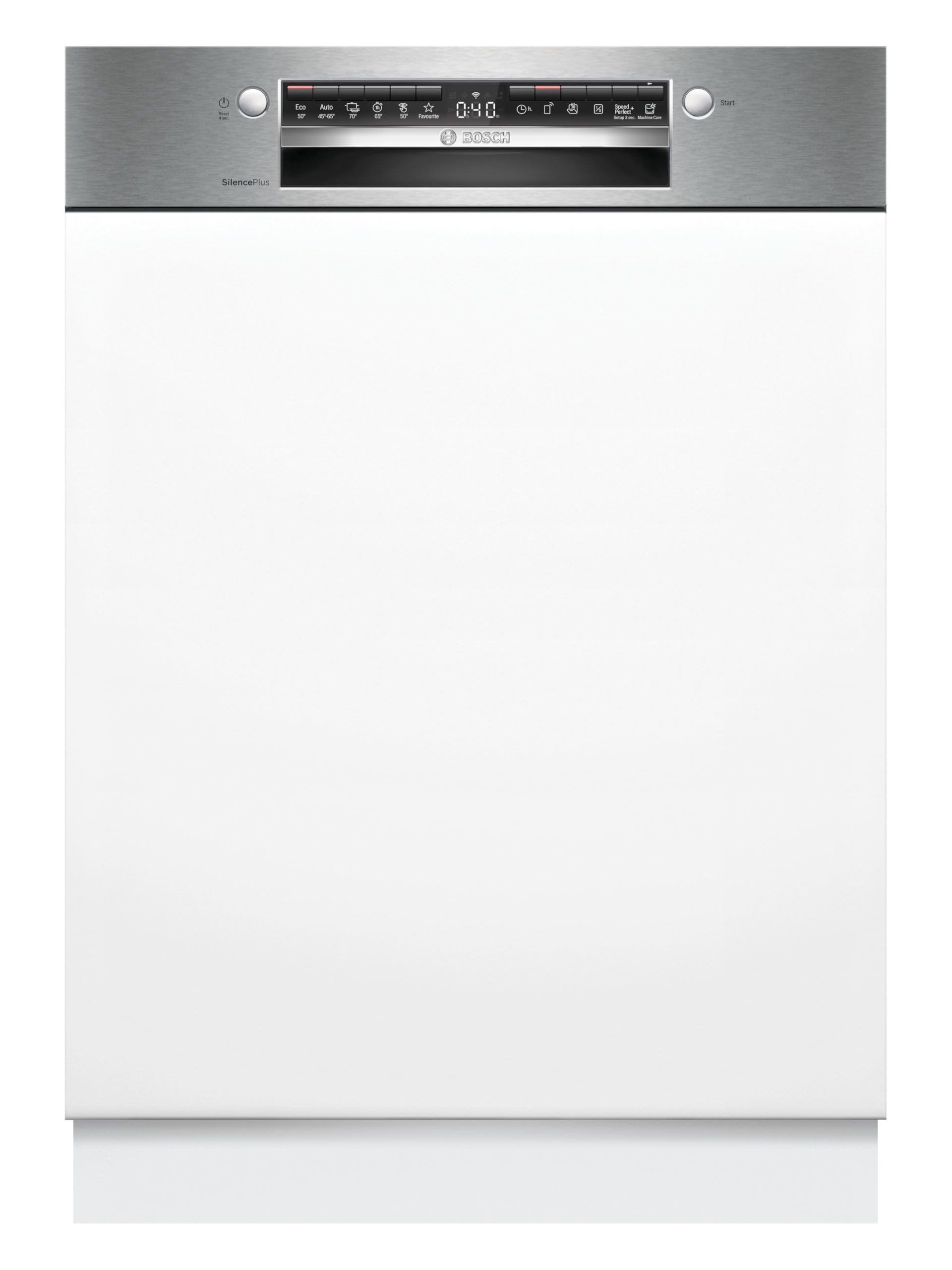Bosch SMI4ETS08E, Serie 4, Smarter Geschirrspüler Teilintegriert 60 cm, Besteckkorb, Spülmaschine mit Programmassistent, sehr Leise, Oberkorb höhenverstellbar, Automatische Türöffnung, Edelstahl