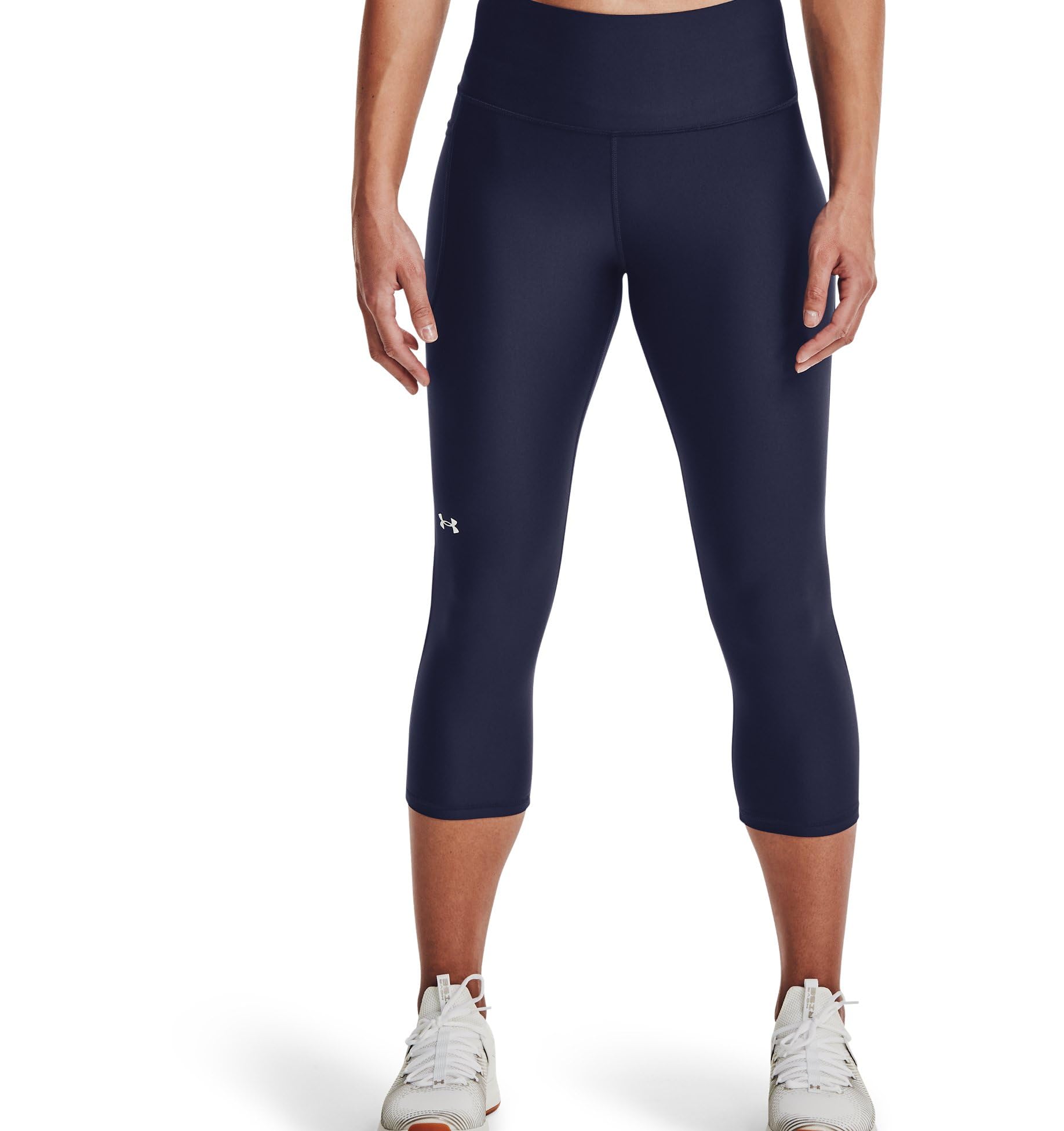 Under Armour Women's HeatGear High No-Slip Waistband Pocketed Capri Leggings, Midnight Navy (410) / White, XXL