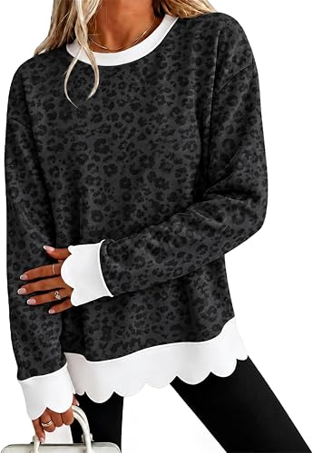 Scalloped Sweatshirt Crew Neck Cheetah Print Pullover Plus S