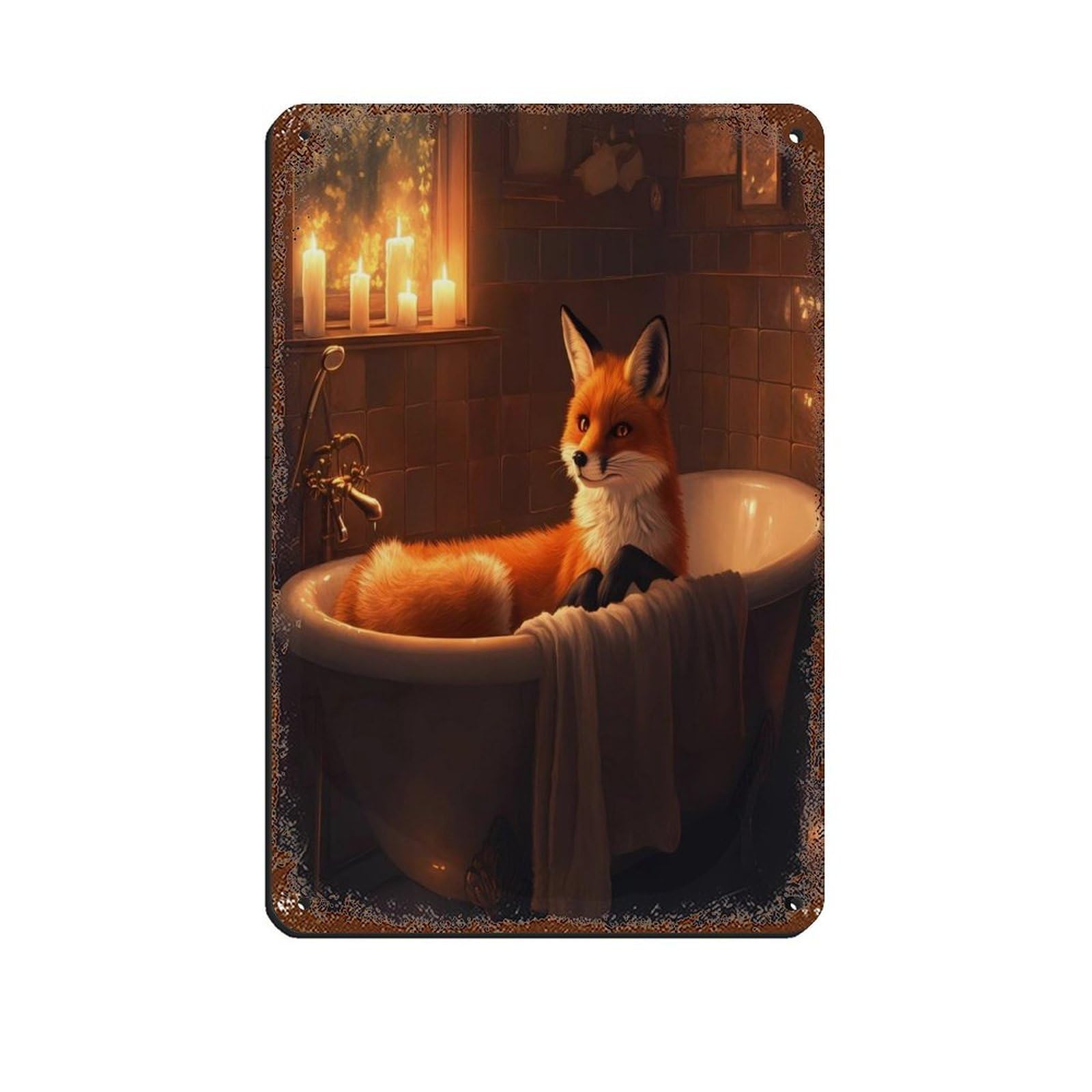 Cozy Fox in Bathtub, Relaxing Fox Tin Sign Vintage Metal Pub Club Cafe Bar Home Wall Art Decoration Poster Retro 8x12inch(20x30cm)