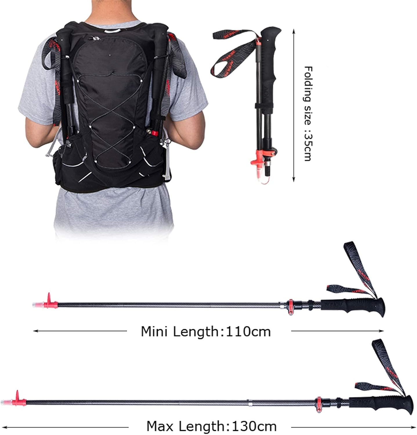 Hiking Trekking Poles, Lightweight Folding Hiking Trekking Poles, Adjustable 110-130Cm, High Grip and Soft and Comfortable Handle with Wrist Strap