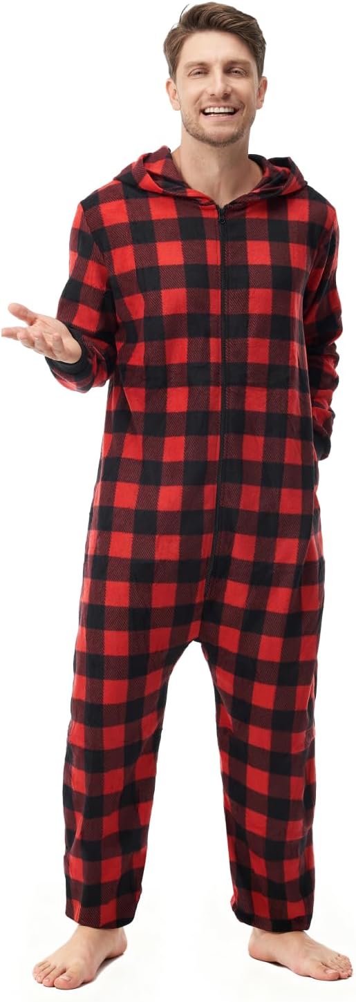 Giggling Getup Red Christmas Pajamas, Flannel Buffalo Plaid Pajamas with Hood for Holiday Jumpsuit - Image 8