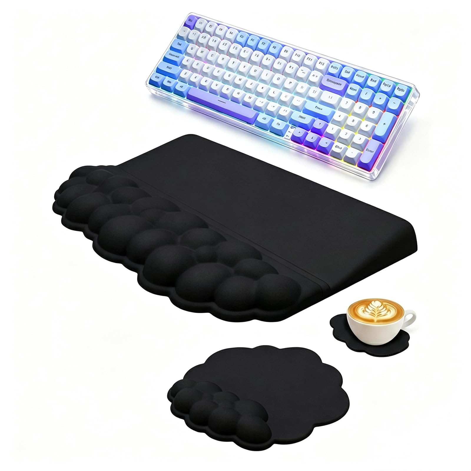Cloud Keyboard Set poggiapolsi 3 in 1 ergonomico in memory foam con supporto per mouse e supporto per il polso e portabicchieri, cuscino antiscivolo da scrivania per ufficio, gioco digitazione