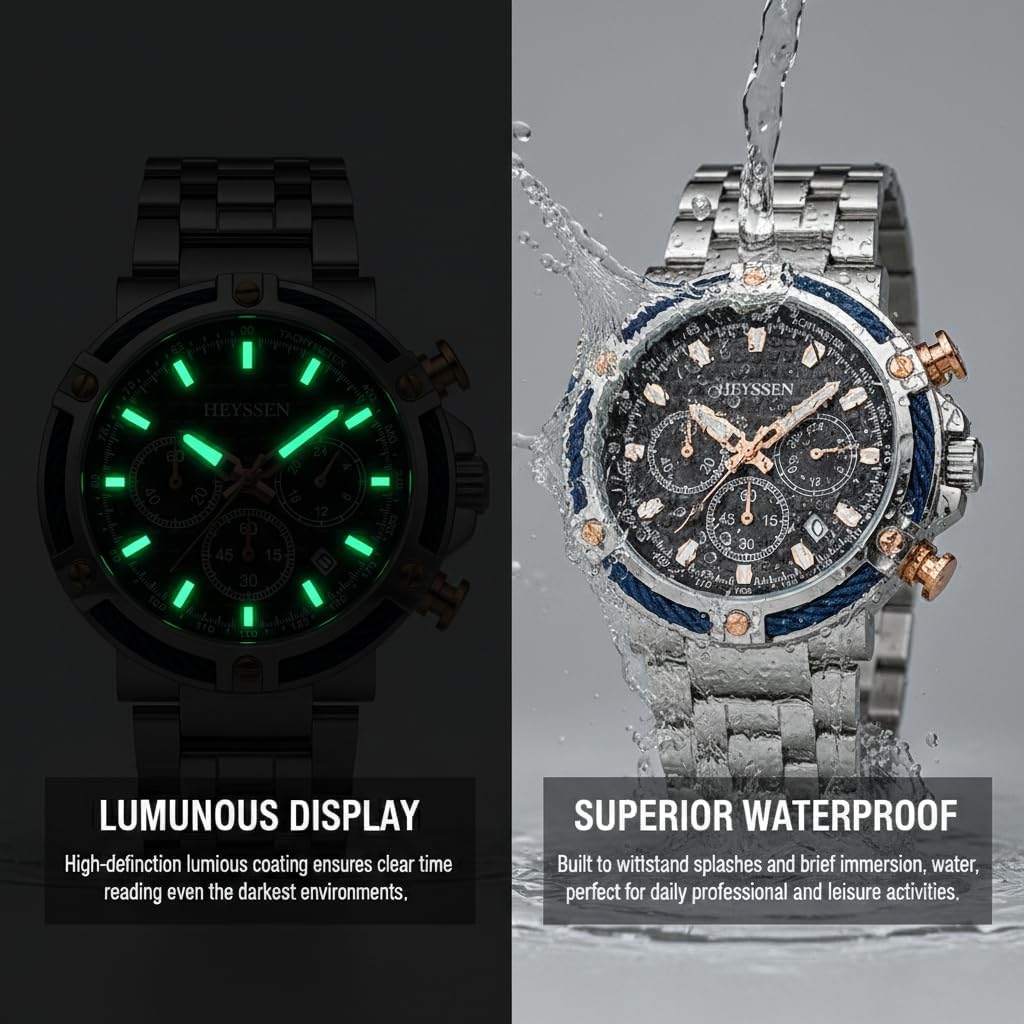 Chronograph Watches for Men Stainless Steel Band Sport Luminou Dial Chronograph Waterproof Watch with Timer & Birthday Gifts for Men