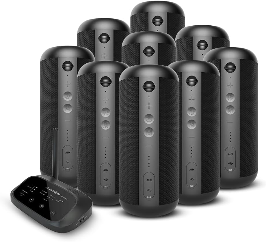 Avantree Harmony – Wireless Speaker System for Multiple Rooms & Outdoor Party, 1 Transmitter & 9 Portable Bluetooth Speakers