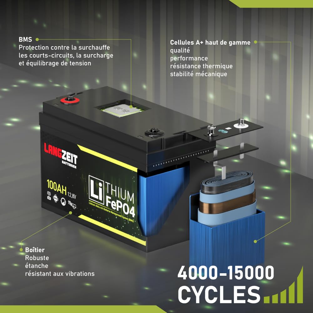 LANGZEIT Batteria LiFePO4 100Ah 12V Mini Batteria al litio con BMS – Batteria Solare per Camper, Barca, Fotovoltaico, Caravan, Off-Grid