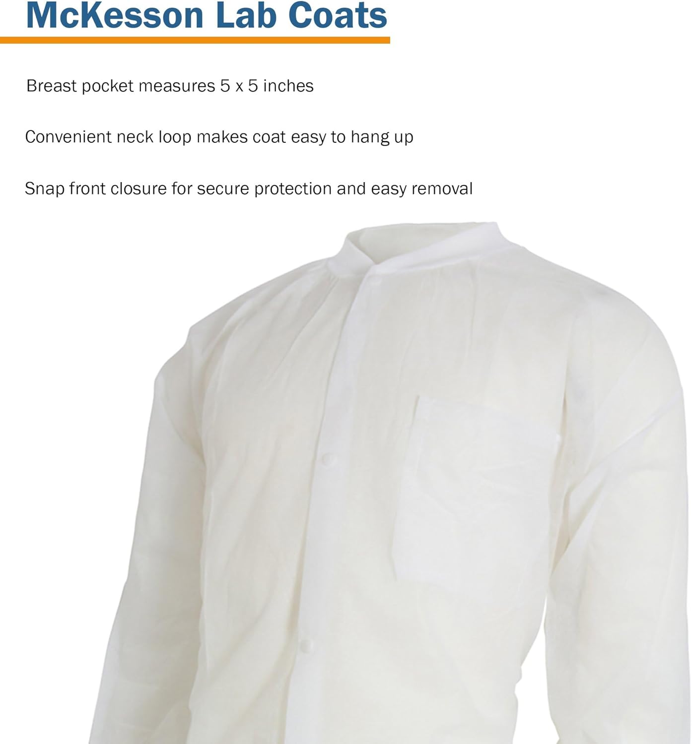 McKesson Lab Coat for Men or Women, Long Sleeve, Knee-Length Disposable Medical Coat, Moisture-Resistant Snap-Front Closure, Large/XL, 30 Count
