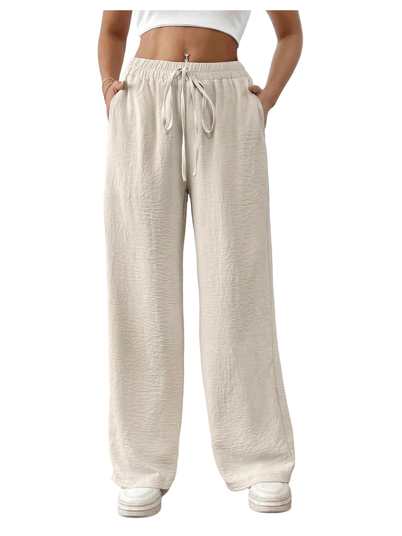 Womens Casual Wide Leg Pants Knot Front High Waisted Lounge Pants Vacation Baggy Trousers