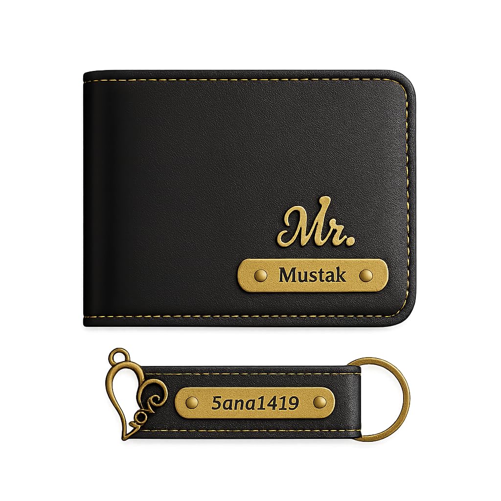 Customized Wallet & Keychain Gift Set for Men | Personalized Leather Wallet Combo with Name Engraving (Black)-image-35