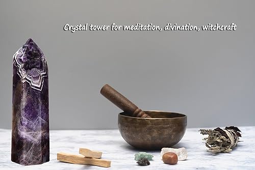 Miniatura 4 de AMOYSTONE Torre de cristal grande, amatista natural de ensueño, 6 obeliscos facetados, varita de pilar de cristal curativo, hexagonal, puntiaguda,