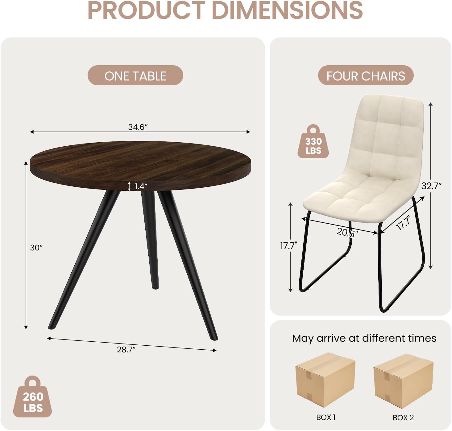 34.6" Round Dining Table Set for 4, Modern Kitchen Coffee Table Set with 4 Faux Leather Chairs, MDF Small Space Saving Dining Room Table and Chairs Set (Walnut Table+4 Beige U-Shaped Chairs)