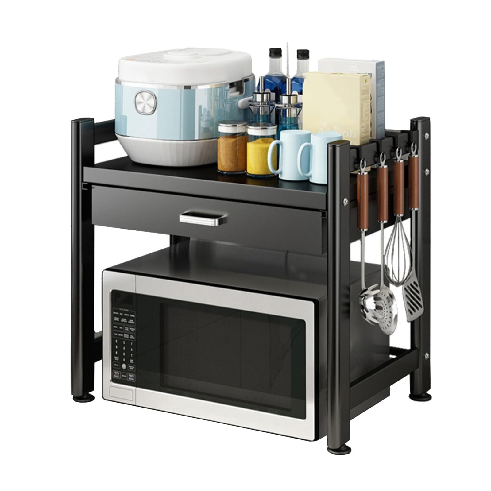 Generico Supporto Per Forno a Microonde da Banco con Cassetto e Gancio, Mensola Microonde, Ripiano Portaoggetti da Cucina In Metallo, Organizer per Ufficio, Salvaspazio, Nero