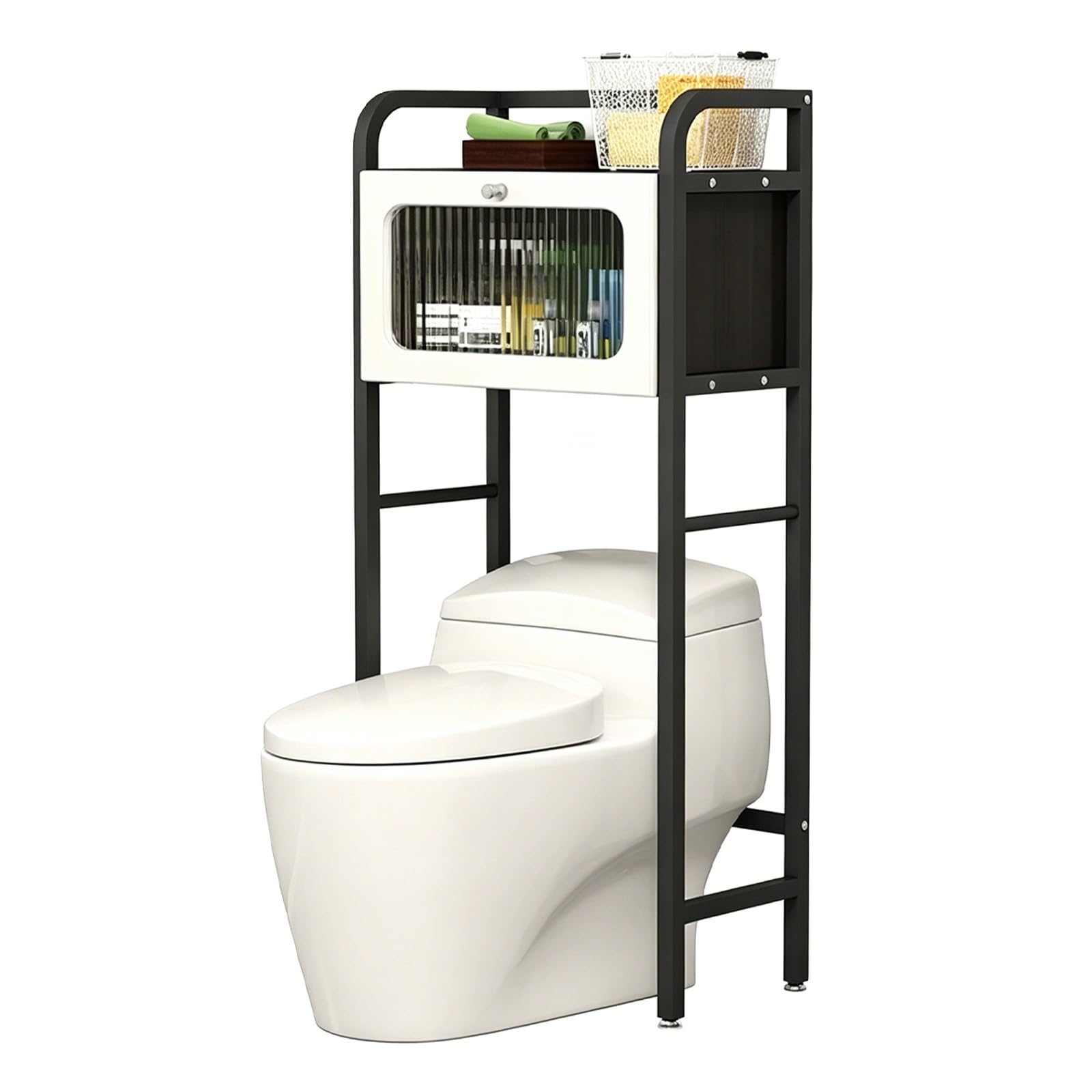 Freestanding Over The Toilet Storage Rack,3-Tier Bathroom Organizer, No Drilling Metal Shelf, Rustproof Space Saver(2-Tier Black+Black 21.7x11.8x53.1in)