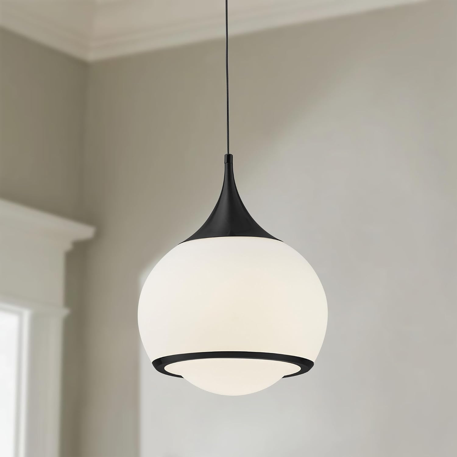 Maxax 9.75" Mini Pendant Light，Minimalist LED Pendant Light Fixture，Black White Glass Globe Pendant for Dining Room House Foyer Kitchen Island Entryway Bedroom Living High Ceilings