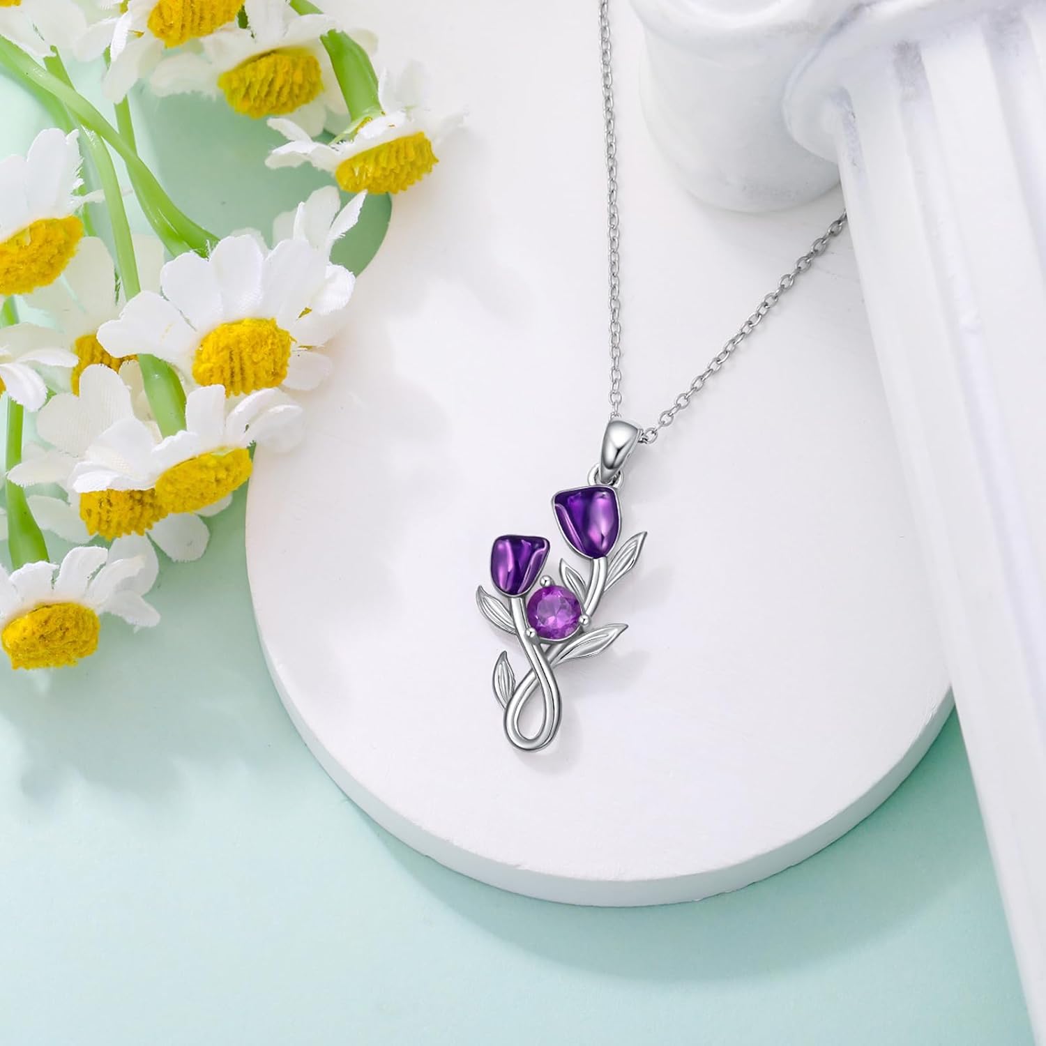 Genuine Amethyst with Purple Daisy/Tulip Flower Necklace 925 Sterling Silver Feburary Birthstone Pendant with 18+2 Inch Chain for Women Gifts - Image 5